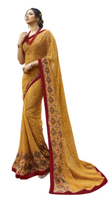 Hensi sarees shop Printed, Animal Print, Checkered, Solid/Plain Sambalpuri Georgette Saree(Yellow)