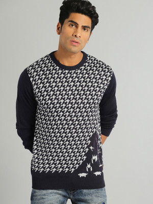 Roadster Printed Round Neck Casual Men Dark Blue, White Sweater