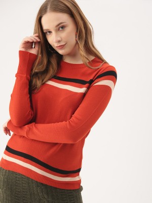 Dressberry Striped Round Neck Casual Women Orange Sweater
