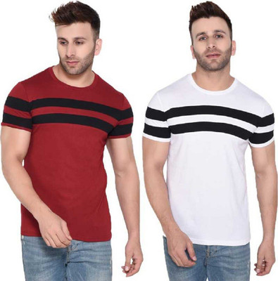 ATTITUDE START OF FASHION Striped Men Round Neck Maroon, Black T-Shirt