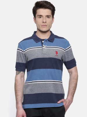 U.S. Polo Assn. Striped Men Polo Neck Blue T-Shirt