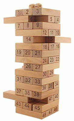 IndusBay 48 Pieces Wooden Stacking Toppling Tower Numbers building Blocks for kids - Timbers Tower Game Board Games Dominoes Blocks for Kids Family(Brown)