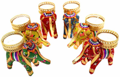 jainsaab Elephant Tea Light Candle Holder Wooden 6 - Cup Tealight Holder Set(Multicolor, Pack of 6)