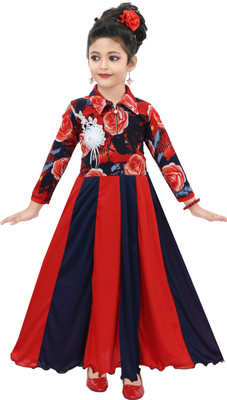 Chandrika Girls Maxi/Full Length Casual Dress(Red, 3/4 Sleeve)