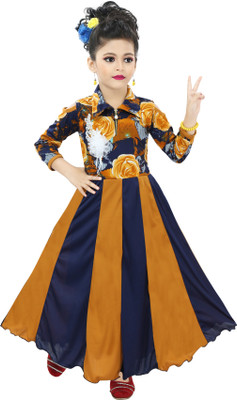 Chandrika Girls Maxi/Full Length Casual Dress(Yellow, 3/4 Sleeve)