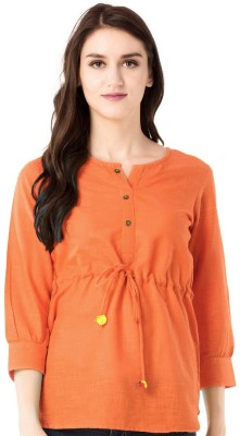 Vastraa Fusion Casual Cuffed Sleeve Solid Women Orange Top