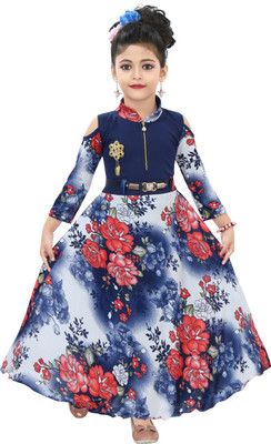 Chandrika Girls Maxi/Full Length Casual Dress(Dark Blue, 3/4 Sleeve)