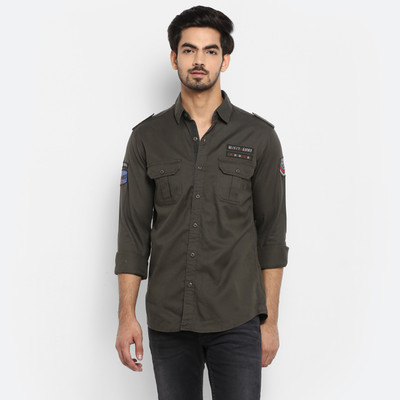 Mufti Men Solid Casual Dark Green Shirt