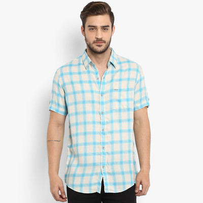 Mufti Men Checkered Casual Light Blue Cream Shirt