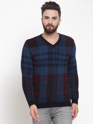 KALT Checkered V Neck Casual Men Blue Sweater