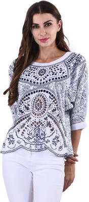 SELFYS Casual 3/4 Sleeve Printed Women White, Black Top