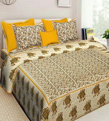 RAJDEVI JAIPUR PRINTS 251 TC Cotton Double, King Printed Fitted & Flat Bedsheet(Pack of 1, Yellow)