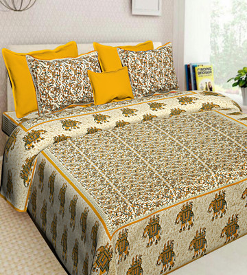 RAJDEVI JAIPUR PRINTS Cotton Double, King Fitted & Flat 251 TC Printed Bedsheet(Pack of 1, Yellow)
