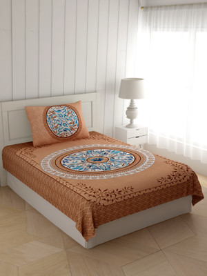 Loroco 104 TC Cotton Single Printed Flat Bedsheet(Pack of 1, Brown)