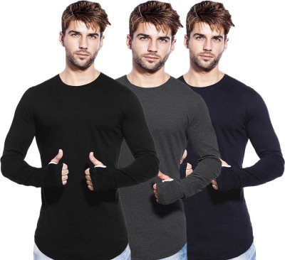 Buy That Trendz Self Design, Solid Men Round Neck Blue, Black, Grey T-Shirt