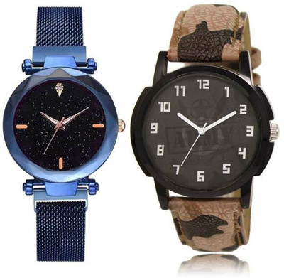 FASHION POOL SHINNING BLUE METAL MAGNET BELT WATCH COUPLE COMBO WITH CAMOUFLAGE ARMY DESIGNER LEATHER BELT MULTI COLOR COUPLE WATCH FOR BOYS_MENS_GENTS DESIGNER COUPLE COMBO WATCH Analog Watch - For Couple