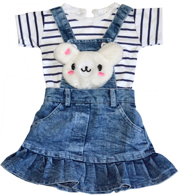 Freedom Creations Dungaree For Girls Casual Striped Denim, Cotton Blend(Blue, Pack of 1)