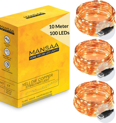 MANSAA 100 LEDs 10.06 m Gold, Yellow Steady Water Drop Rice Lights(Pack of 3)
