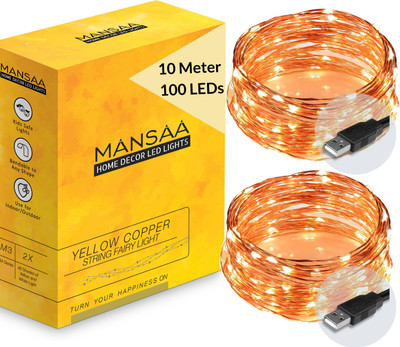 MANSAA 100 LEDs 10.06 m Yellow, Gold Steady Water Drop Rice Lights(Pack of 2)