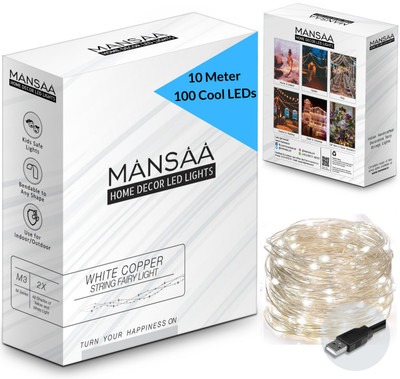 MANSAA 100 LEDs 10.06 m White, Silver Steady Water Drop Rice Lights(Pack of 1)