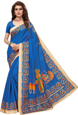 JANUDI Printed Madhubani Khadi Silk, Art Silk Saree(Light Blue) Flipkart