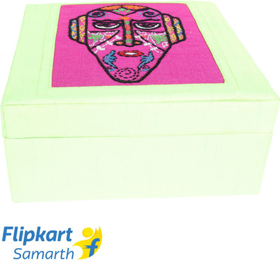 Indha Craft Hand Embroidered Face Motif Green Colour Multi Utility Make Up and Jewellery Vanity Box(Neion Green)