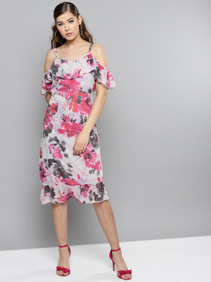 RARE Women A-line Pink, Grey Below Knee Dress