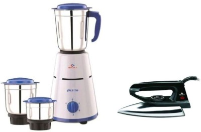 BAJAJ Pluto with 600 Dry Iron Combo Pack 500 W Mixer Grinder with Iron (3 Jars, White, Blue)