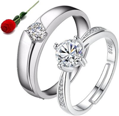 MYKI King & Queen Sterling Silver Swarovski Zirconia Adjustable Couple Rings Stainless Steel Cubic Zirconia Silver Plated Ring Set