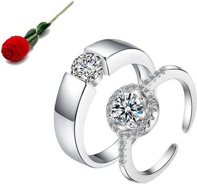 MYKI King & Queen Sterling Silver Zirconia Adjustable Couple Rings Stainless Steel Cubic Zirconia Silver Plated Ring Set