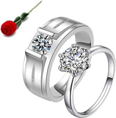 MYKI King & Queen Sterling Silver Zirconia Adjustable Couple Rings Stainless Steel Cubic Zirconia Silver Plated Ring Set