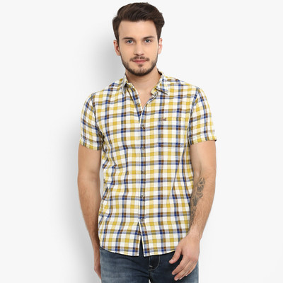Mufti Men Checkered Casual Beige Yellow Shirt