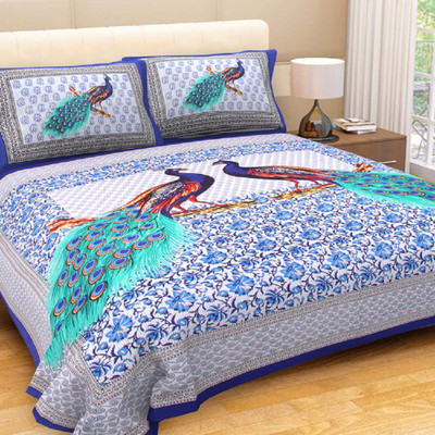 E ELMA Cotton King Flat 250 TC Jaipuri Prints Bedsheet(Pack of 1, Blue)