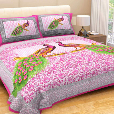 E ELMA Cotton King Flat 250 TC Jaipuri Prints Bedsheet(Pack of 1, Pink)