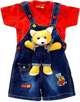 LITTLE PANDA Baby Boys & Baby Girls Party(Festive) Dungaree T-shirt(Red)