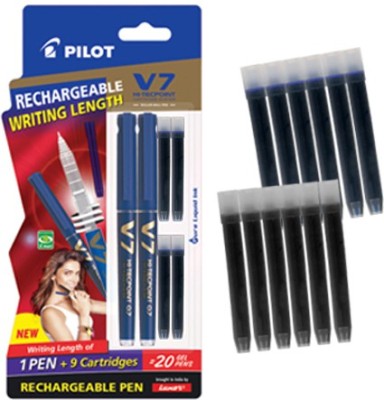 PILOT Hi-tecpoint V7 cartridge System Pen 2 Blue Pen+ 4 Blue Ink Cartridge(Blue, Black)