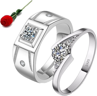 MYKI King & Queen Sterling Silver Zirconia Adjustable Couple Stainless Steel Cubic Zirconia Silver Plated Ring Set