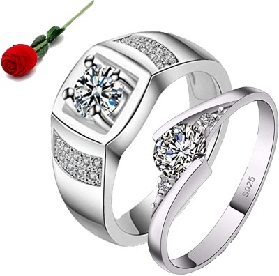 MYKI Queen & King Limited Edition Love Valentine Sterling Silver Couple Rings with Rose Box Packing Stainless Steel Cubic Zirconia Silver Plated Ring Set