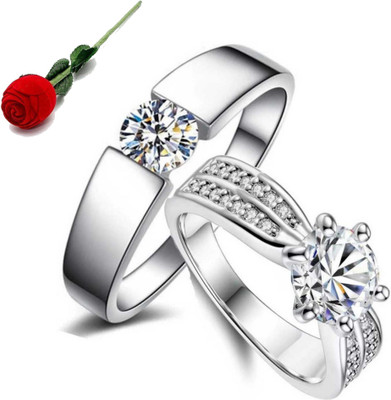 MYKI Stylish Love Valentine Solitaire Couple Ring Stainless Steel Zirconia Silver Stainless Steel Cubic Zirconia Silver Plated Ring Set