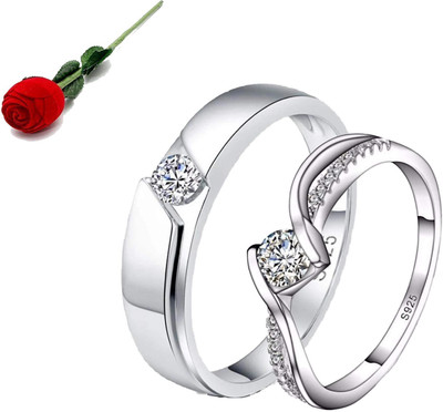 MYKI Queen & King Limited Edition Love Valentine Sterling Silver Couple Rings with Rose Box Packing Stainless Steel Cubic Zirconia Silver Plated Ring Set