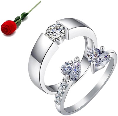 MYKI King & Queen Sterling Silver Swarovski Zirconia Adjustable Couple Rings Stainless Steel Cubic Zirconia Silver Plated Ring Set