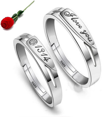 MYKI King & Queen Sterling Silver Zirconia Adjustable Couple Rings Stainless Steel Cubic Zirconia Silver Plated Ring Set