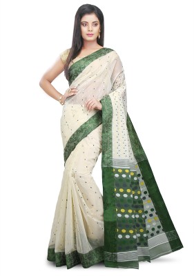 Mystory Woven Jamdani Pure Cotton Saree(White, Green)