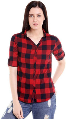 TRENDY WEB SHOP Women Checkered Casual Red, Black Shirt