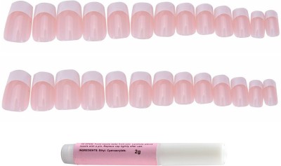 Charmy French False Finger Nails with Glue Natural Pink(Pack of 24)