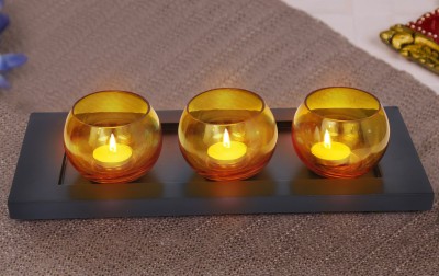 TIED RIBBONS Tealight Holder with Wooden Tray for Living Room Table Decor Glass 3 - Cup Tealight Holder Set(Yellow, Pack of 1)