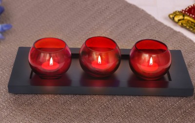 TIED RIBBONS Tealight Holder with Wooden Tray for Living Room Office Decor Glass 3 - Cup Tealight Holder Set(Red, Pack of 1)
