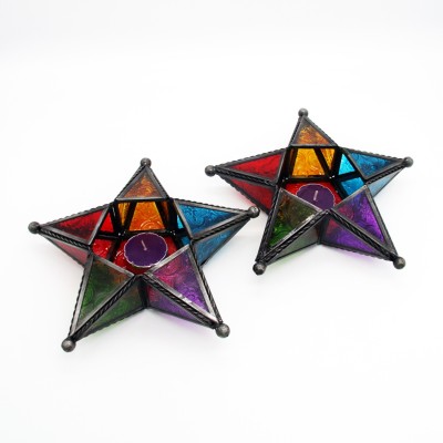 EZ Life Star Metal Lantern Glasss For Diyas / Tea Lights / Candles Brass, Glass Tealight Holder Set(Multicolor, Pack of 2)