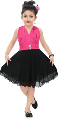 Chandrika Girls Midi/Knee Length Casual Dress(Pink, Sleeveless)