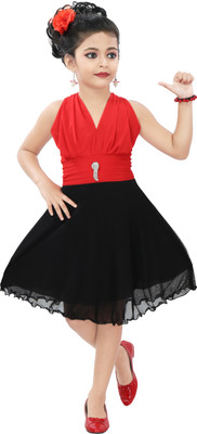 Chandrika Girls Midi/Knee Length Casual Dress(Red, Sleeveless)
